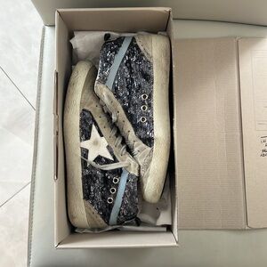Golden Goose Midstar size 38/8 blue navy sequin and suede sneakers